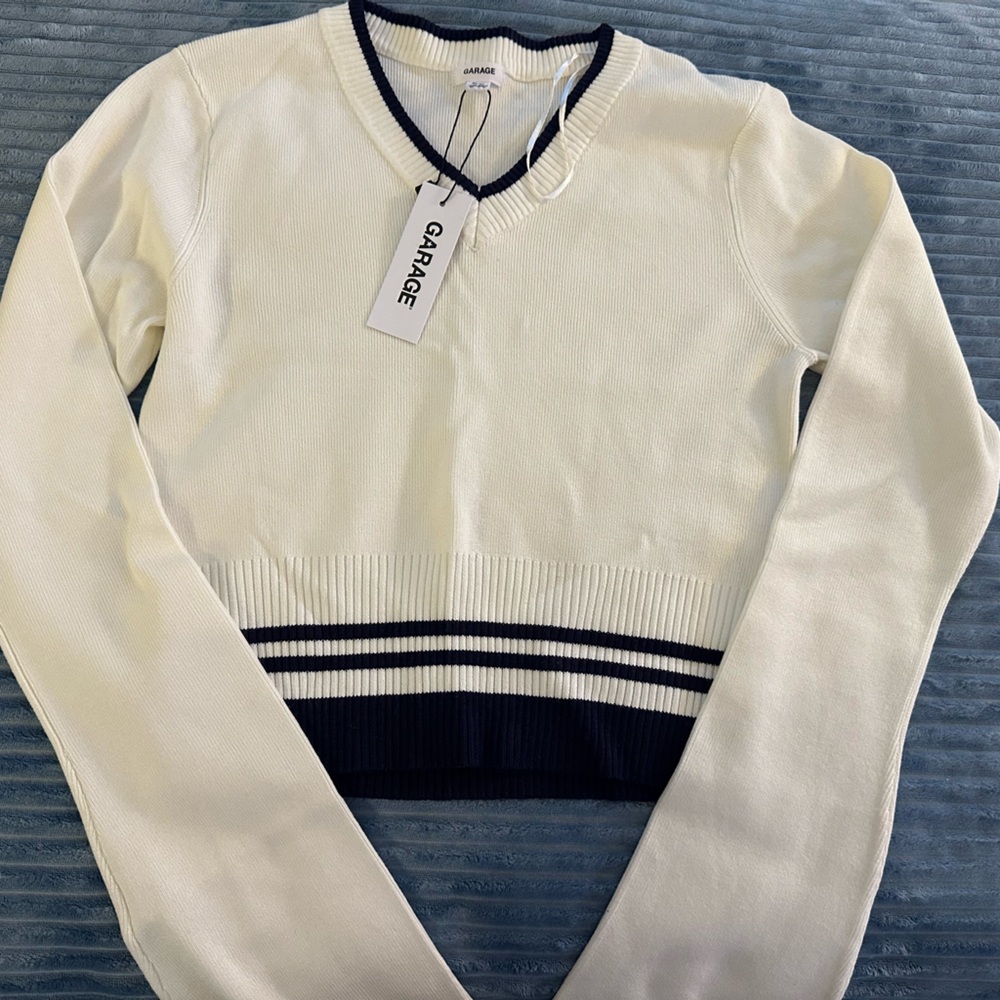 Garage Women's Cream V-Neck Sweater with Navy Accents